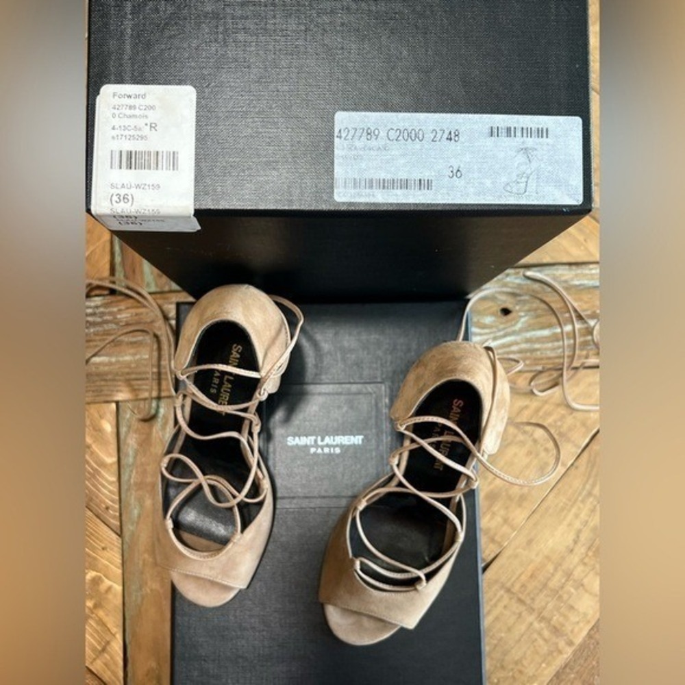 Saint Laurent Suede Lace Up 4" Heels Open Toe Tan Sandals Size 36/ US 6 - Picture 8 of 11